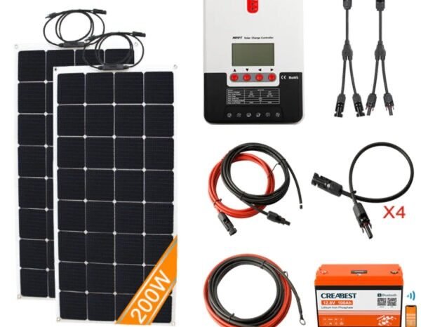 
								Kit Panneau Solaire Souple 200W pour Camping-car, Caravane, Bateau avec batterie LiFePO4 full									